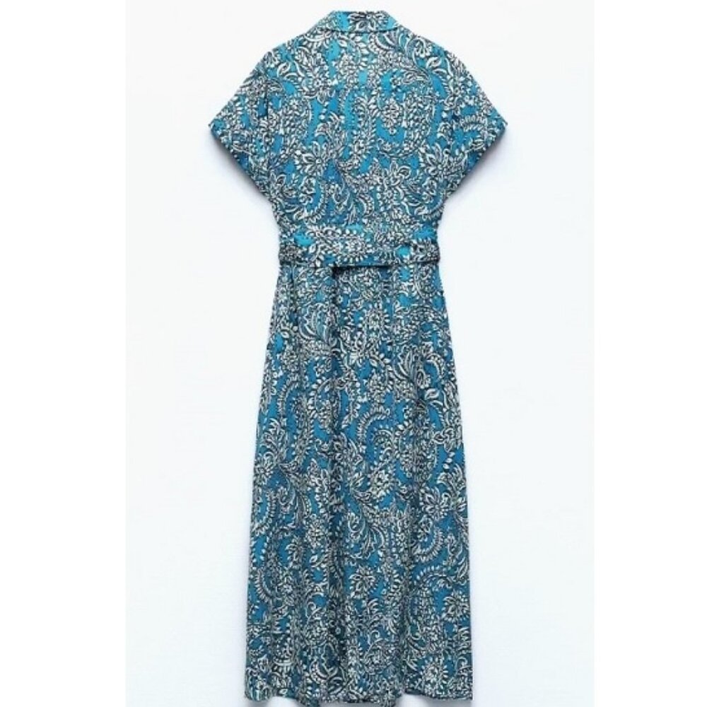 ZARA 100% Cotton Floral Blue Midi Dress Medium Button Front Belt Paisley Print - Picture 7 of 12